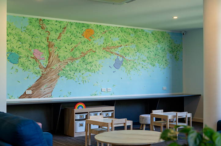 Lounge area and mural at RMH on Park