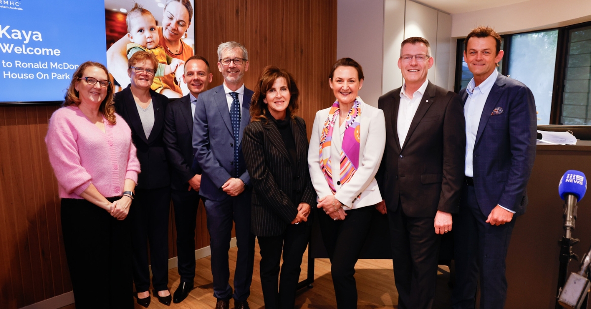 (Left to right) Member for Nedlands, Dr Katrina Stratton MLA, St Catherine’s College CEO, Fiona Crowe Ronald McDonald House Charities WA Board Chair, Ante Golem, Lotterywest CEO, Colin Smith, Stan Perron Charitable Foundation Executive Chair, Elizabeth Perron AM, Health Minster, Hon. Amber-Jade Sanderson MLA, Ronald McDonald House Charities WA CEO, Peter King ASM, Ronald McDonald House Charities WA Patron, Adam Gilchrist AM.